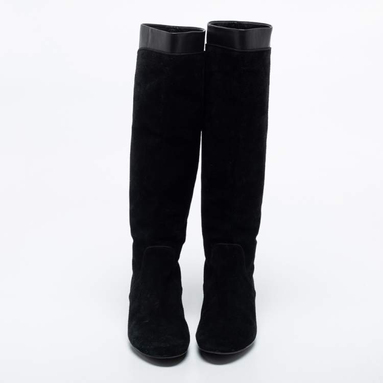 Pre Owned Lanvin Black Suede and Leather Mid Length Boots Size 36