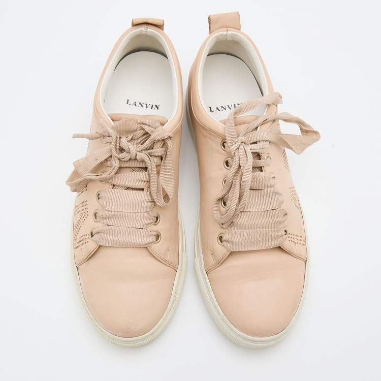 Pre Owned Lanvin Beige Leather Perforated Logo Low Top Sneakers Size 37
