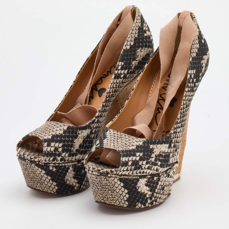 Pre Owned Lanvin Black/White Python Print Canvas Wedge Platform Ankle Wrap Pumps Size 37