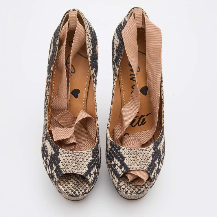 Pre Owned Lanvin Black/White Python Print Canvas Wedge Platform Ankle Wrap Pumps Size 37