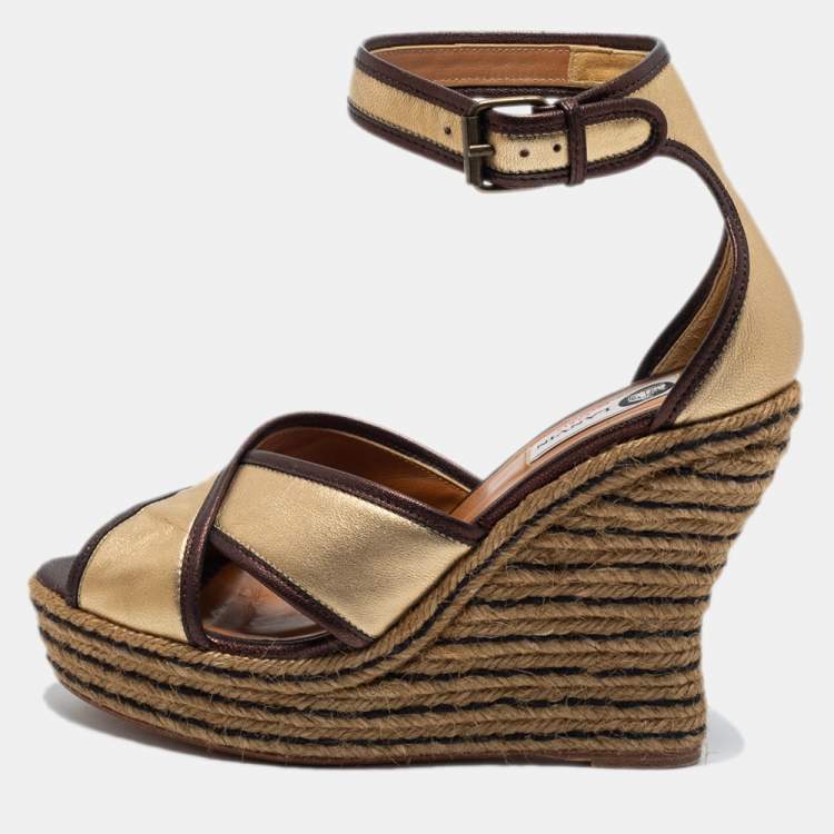 Pre Owned Lanvin Gold/Brown Leather Wedge Sandals Size 38