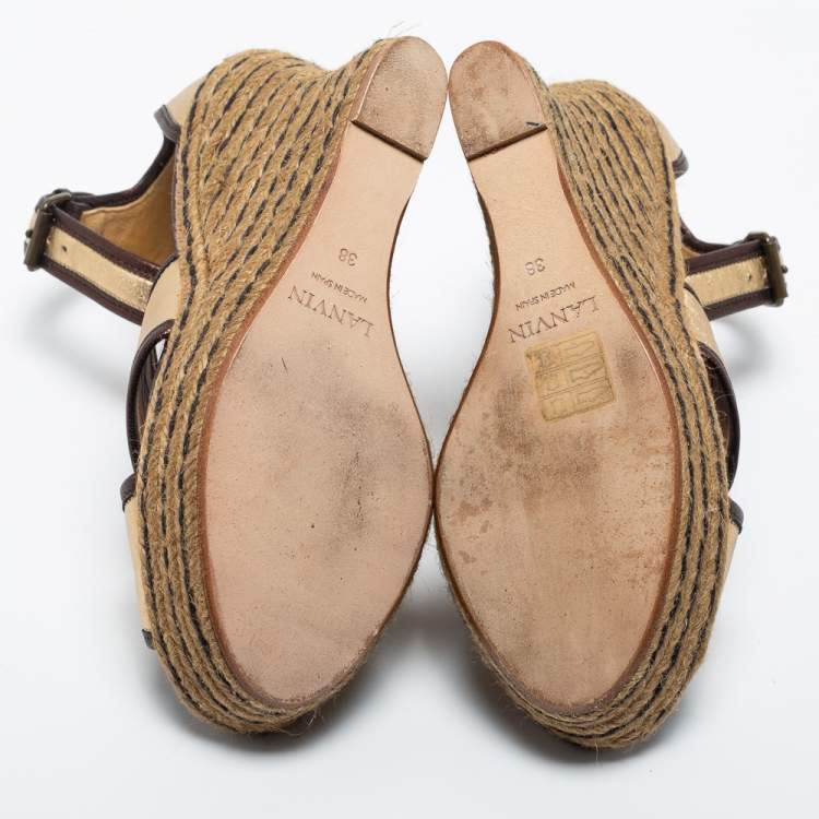 Pre Owned Lanvin Gold/Brown Leather Wedge Sandals Size 38