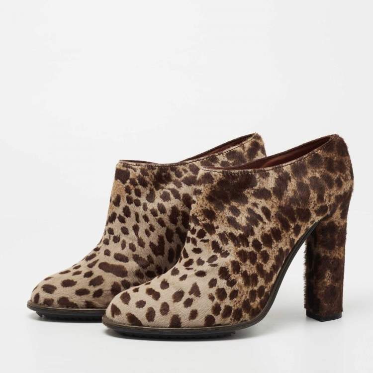 Pre Owned Lanvin Brown/Beige Leopard Print Calf Hair Ankle Booties Size 40.5