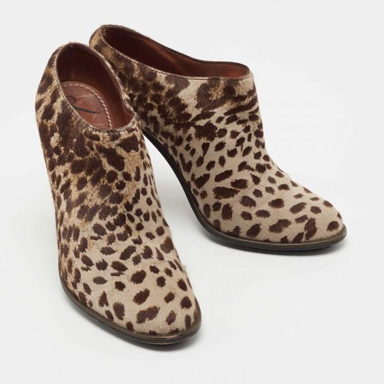 Pre Owned Lanvin Brown/Beige Leopard Print Calf Hair Ankle Booties Size 40.5