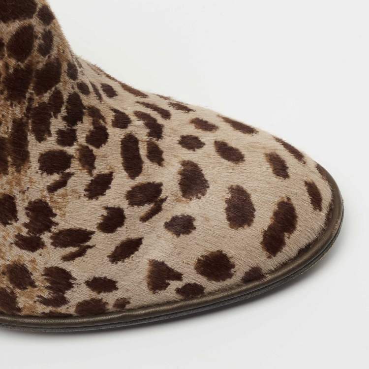 Pre Owned Lanvin Brown/Beige Leopard Print Calf Hair Ankle Booties Size 40.5
