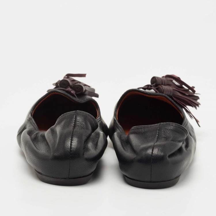 Pre Owned Lanvin Black Leather Tassel Scrunch Smoking Slippers Size 38