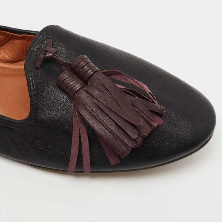 Pre Owned Lanvin Black Leather Tassel Scrunch Smoking Slippers Size 38