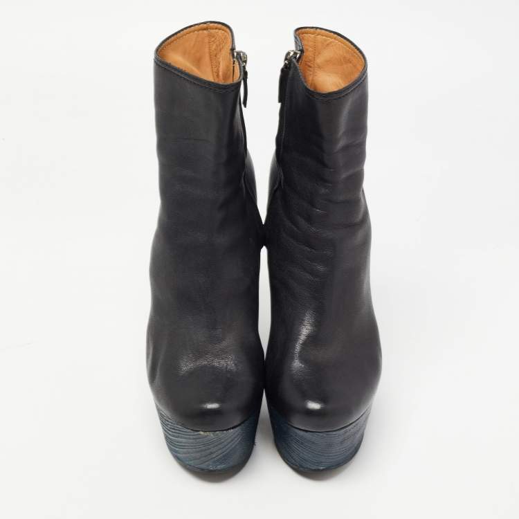 Pre Owned Lanvin Black Leather Wedge Boots Size 40