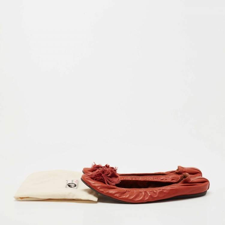 Pre Owned Lanvin Orange Leather Scrunch Ballet Flats Size 40