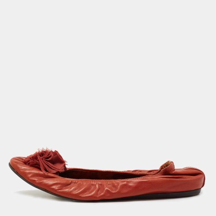 Pre Owned Lanvin Orange Leather Scrunch Ballet Flats Size 40