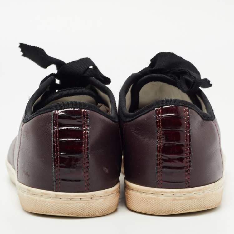Pre Owned Lanvin Burgundy Leather and Embossed Python Cap Toe Low Top Sneakers Size 37