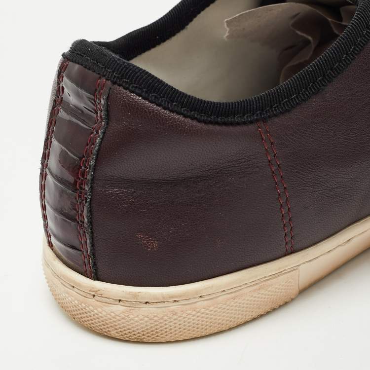 Pre Owned Lanvin Burgundy Leather and Embossed Python Cap Toe Low Top Sneakers Size 37
