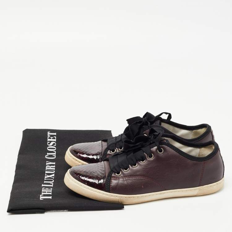 Pre Owned Lanvin Burgundy Leather and Embossed Python Cap Toe Low Top Sneakers Size 37