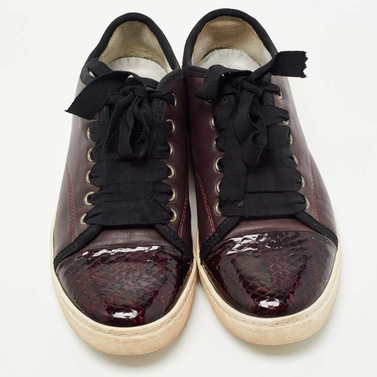 Pre Owned Lanvin Burgundy Leather and Embossed Python Cap Toe Low Top Sneakers Size 37