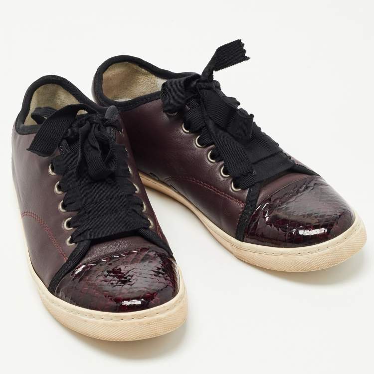 Pre Owned Lanvin Burgundy Leather and Embossed Python Cap Toe Low Top Sneakers Size 37