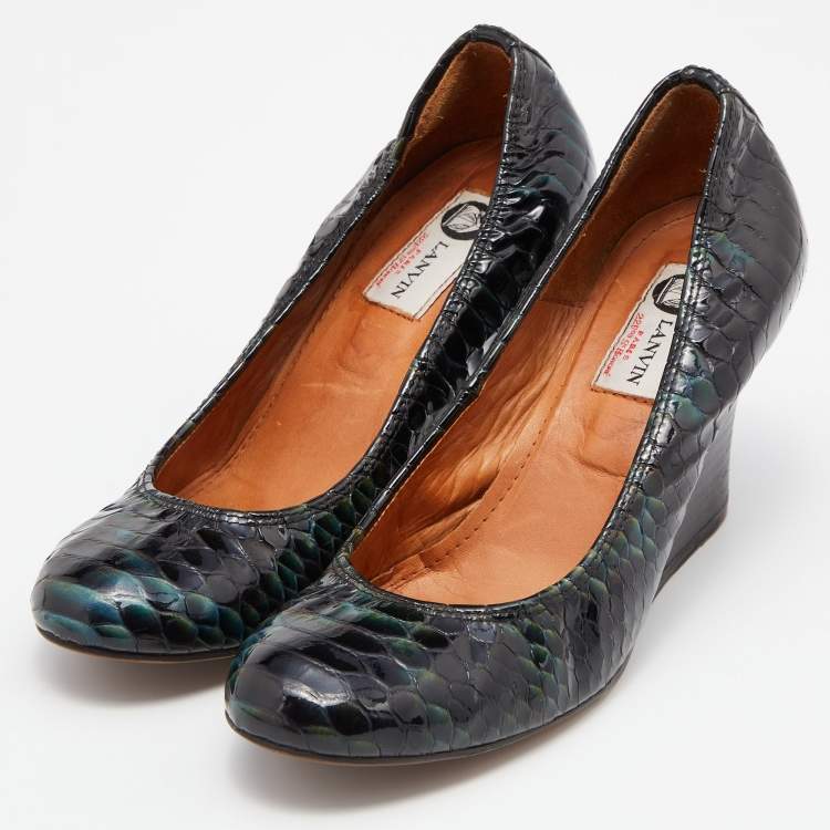 Pre Owned Lanvin Green Python Embossed Leather Wedge Pumps Size 37