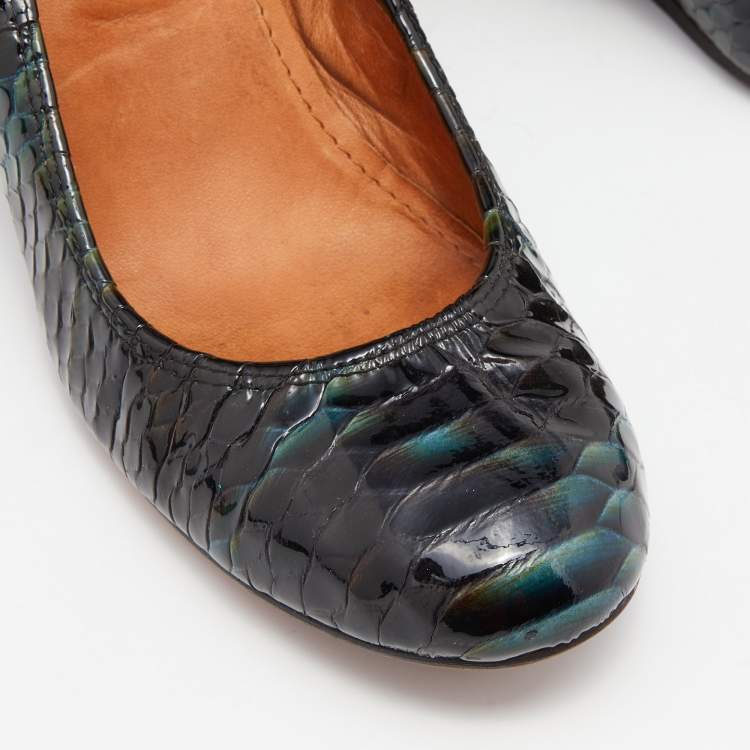 Pre Owned Lanvin Green Python Embossed Leather Wedge Pumps Size 37