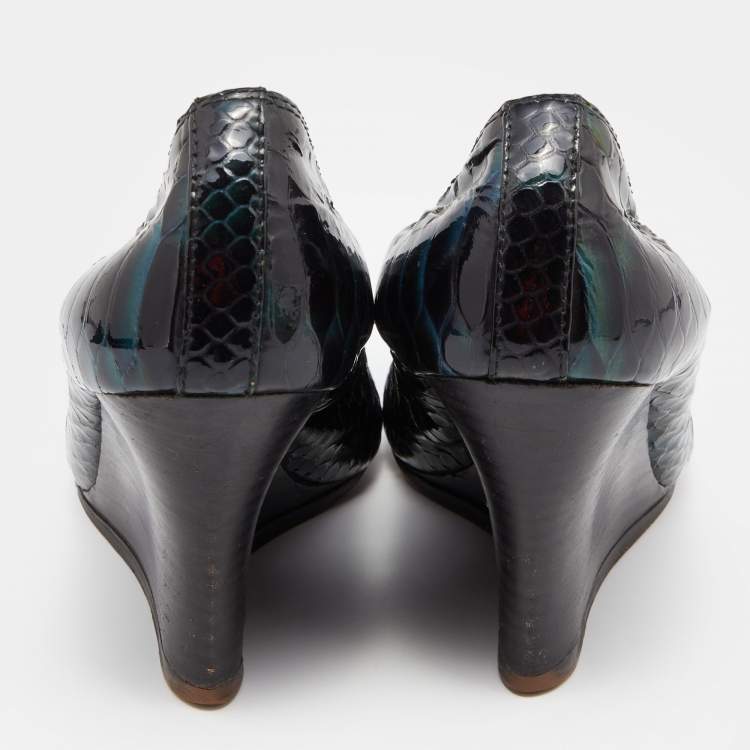 Pre Owned Lanvin Green Python Embossed Leather Wedge Pumps Size 37