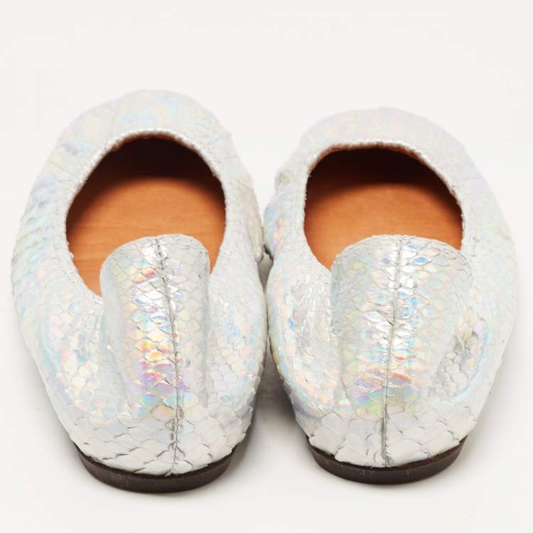 Pre Owned Lanvin Silver Python Embossed Leather Scrunch Ballet Flats Size 38.5