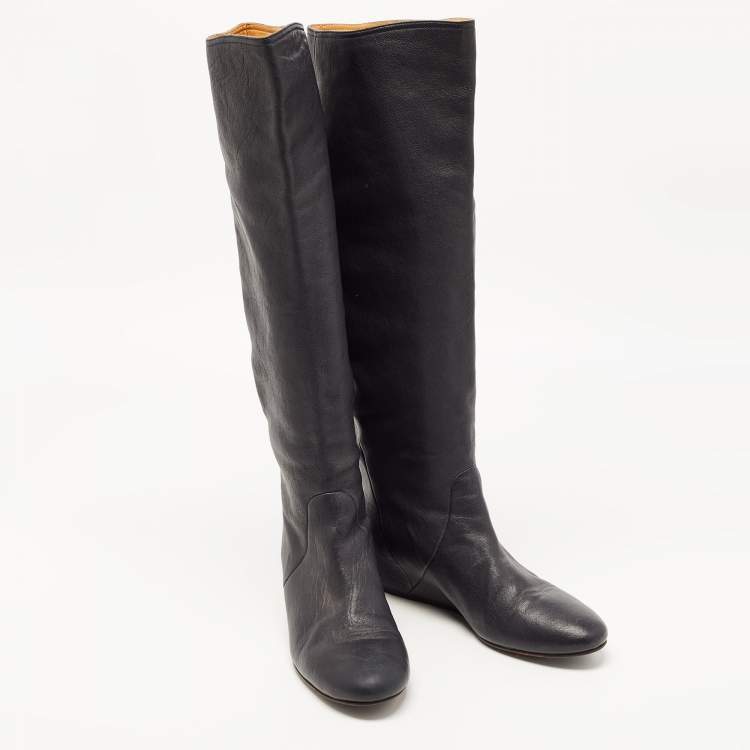 Pre Owned Lanvin Black Leather Knee Length Boots Size 39