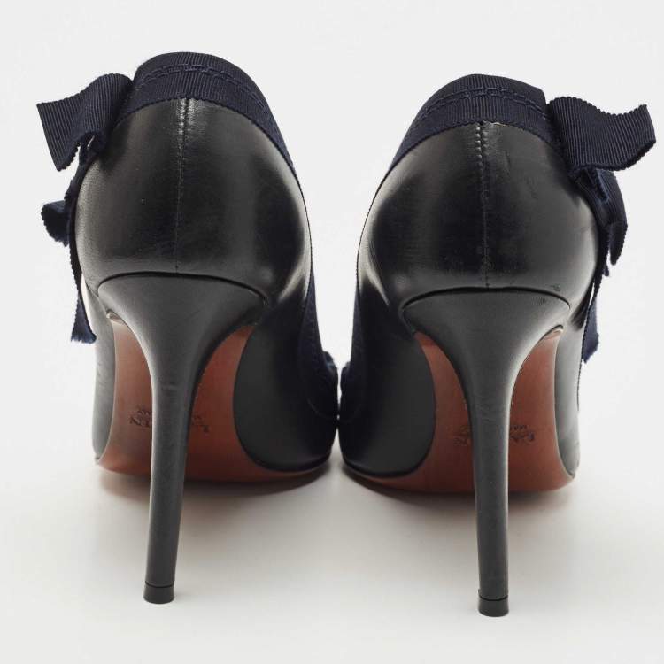 Pre Owned Lanvin Black/Navy Blue Leather and Ribbon Bow Pumps Size 38