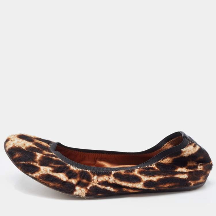 Pre Owned Lanvin Two Tone Leopard Print Calf Hair Scrunch Ballet Flats Size 40
