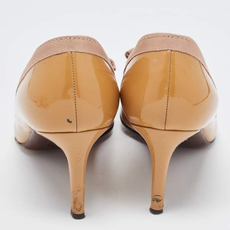 Pre Owned Lanvin Brown Patent Leather And Fabric Grosgrain Bow Peep Toe Pumps Size 41
