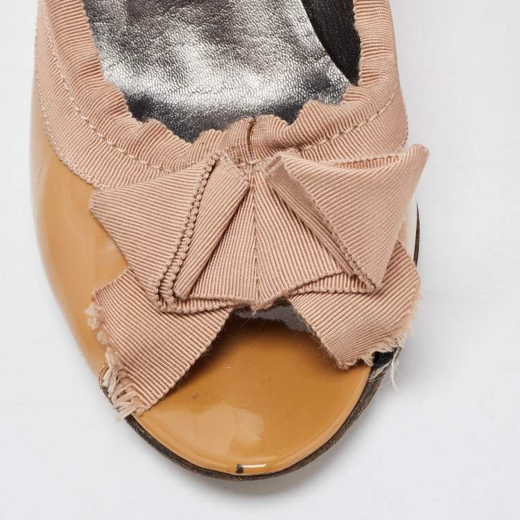 Pre Owned Lanvin Brown Patent Leather And Fabric Grosgrain Bow Peep Toe Pumps Size 41