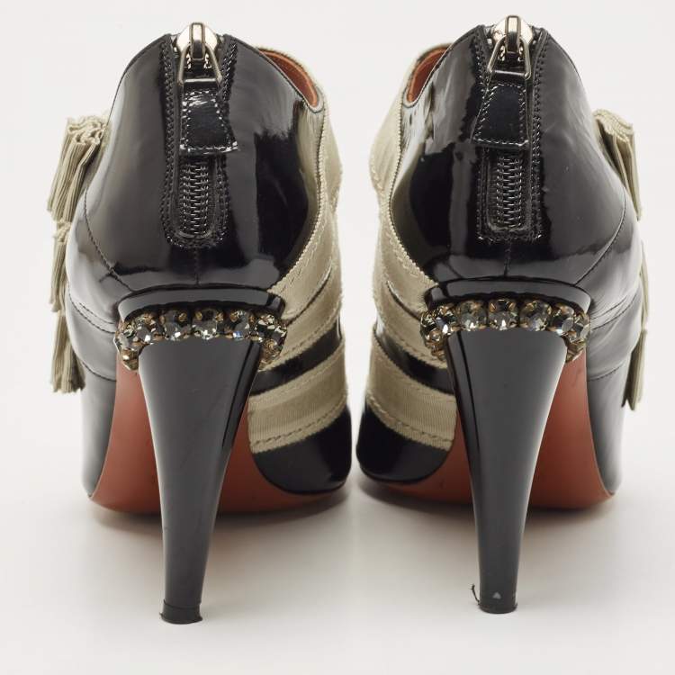 Pre Owned Lanvin Black Patent Leather And Fabric Strappy  Sandals Size 38