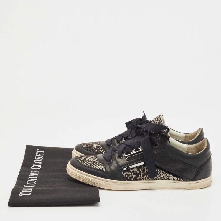 Pre Owned Lanvin Black Leather and Fabric Low Top  Sneakers  Size 38