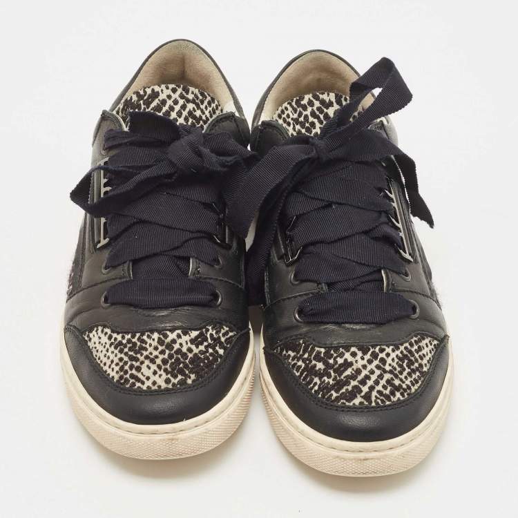 Pre Owned Lanvin Black Leather and Fabric Low Top  Sneakers  Size 38