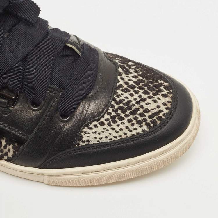 Pre Owned Lanvin Black Leather and Fabric Low Top  Sneakers  Size 38