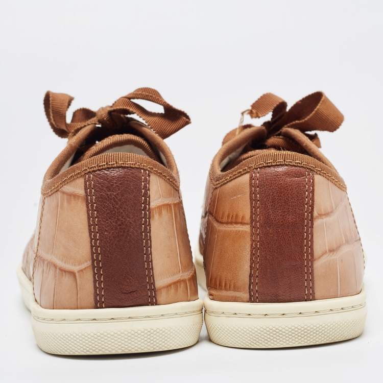 Pre Owned Lanvin Brown Croc Embossed Leather Lace Up Low Top Sneakers Size 36