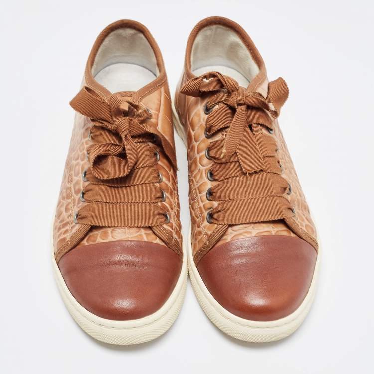 Pre Owned Lanvin Brown Croc Embossed Leather Lace Up Low Top Sneakers Size 36