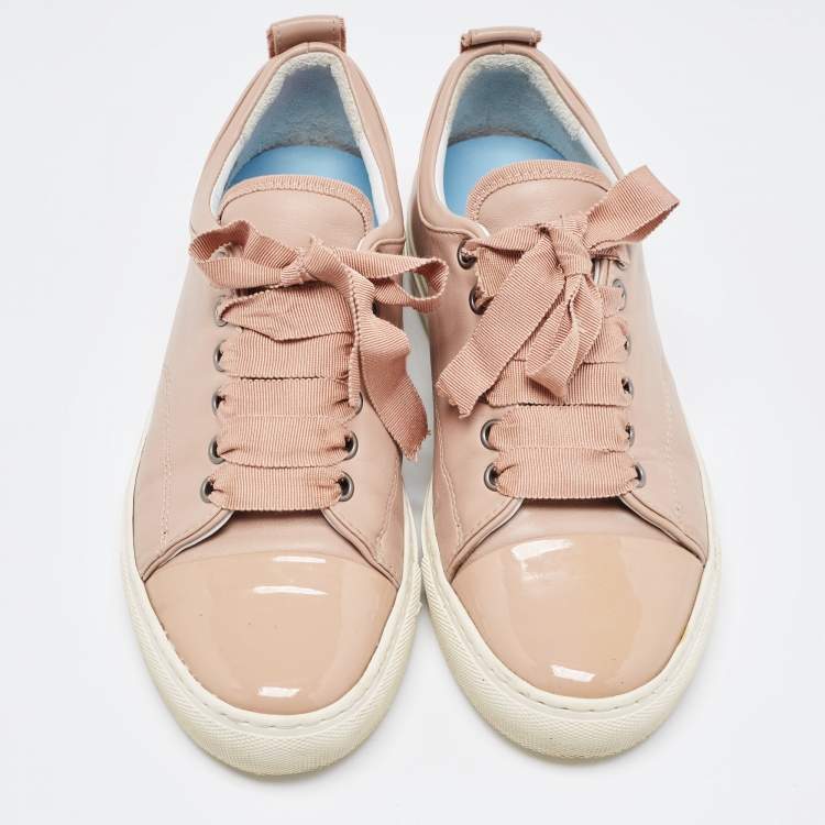 Pre Owned Lanvin Dusty Pink Leather and Patent Cap Toe Low Top Sneakers Size 36