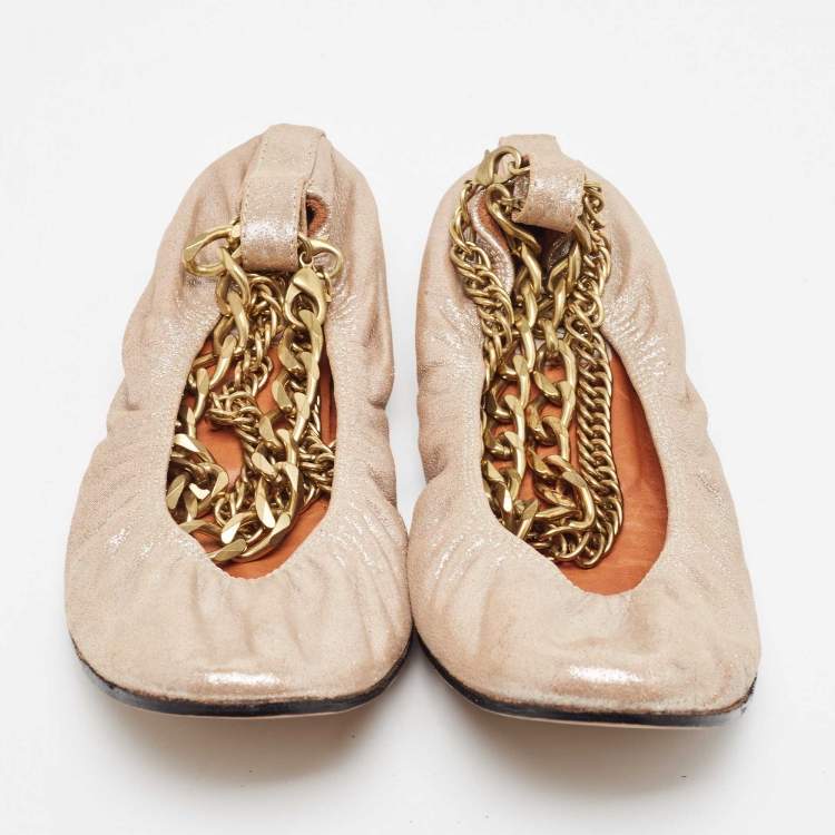 Pre Owned Lanvin Beige Suede Scrunch Ballet Flats Size 39