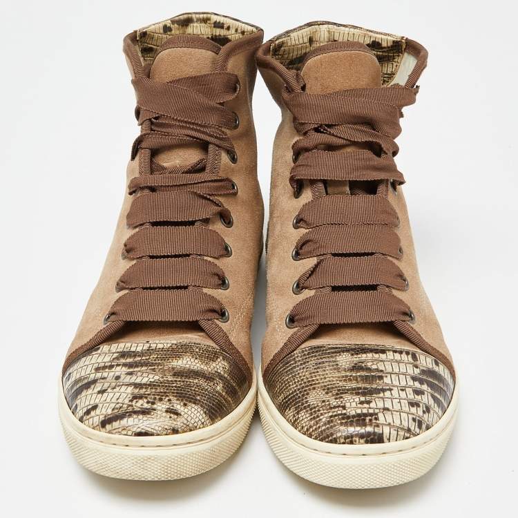 Pre Owned Lanvin Brown Suede and Lizard Embossed Leather High Top Sneakers Size 38