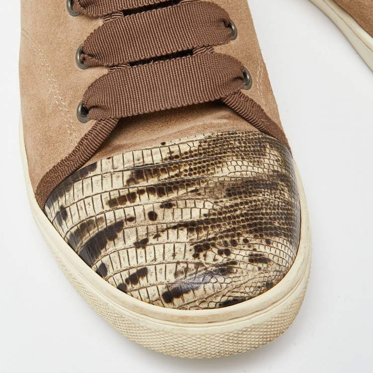 Pre Owned Lanvin Brown Suede and Lizard Embossed Leather High Top Sneakers Size 38