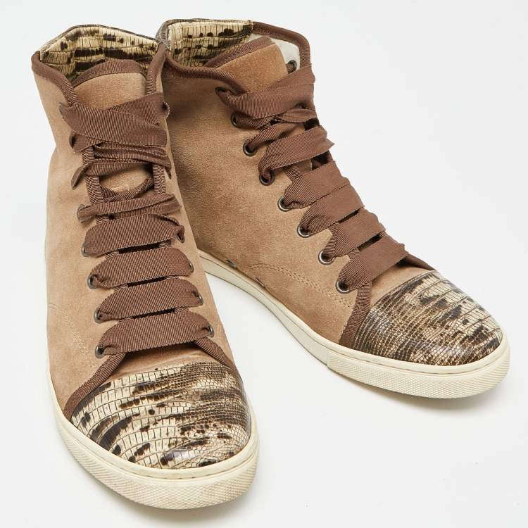 Pre Owned Lanvin Brown Suede and Lizard Embossed Leather High Top Sneakers Size 38