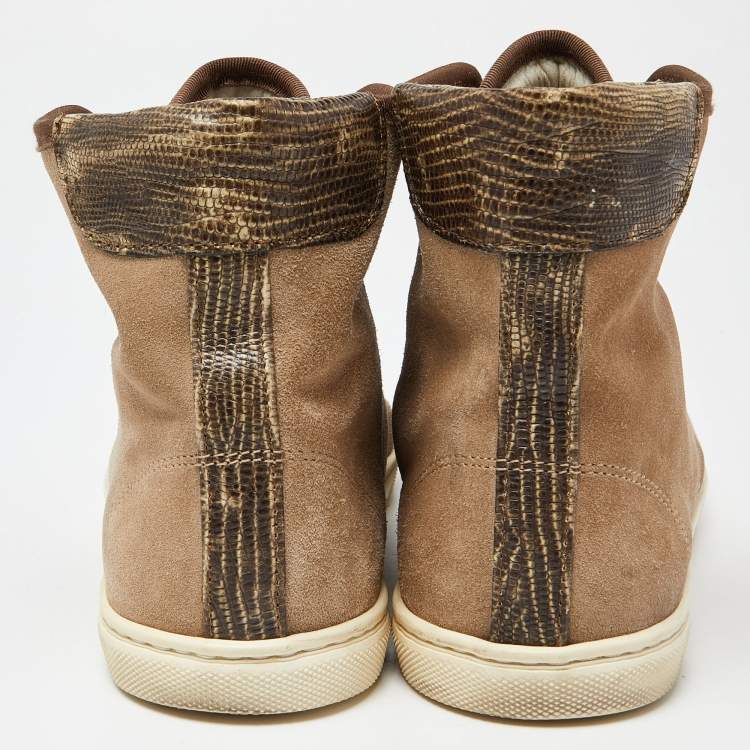 Pre Owned Lanvin Brown Suede and Lizard Embossed Leather High Top Sneakers Size 38