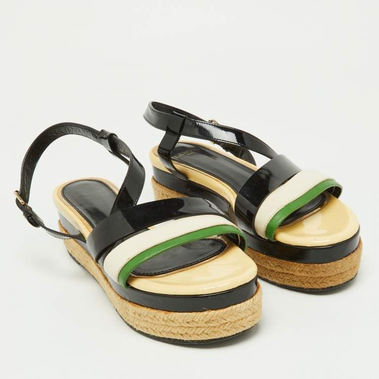 Pre Owned Lanvin Tricolor Patent and Leather Espadrille Platform Sandals Size 37
