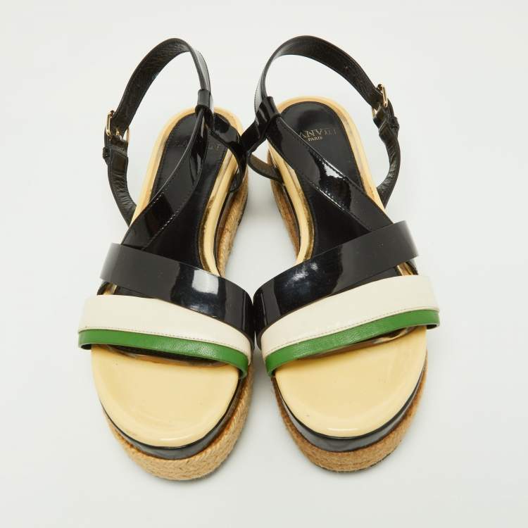 Pre Owned Lanvin Tricolor Patent and Leather Espadrille Platform Sandals Size 37