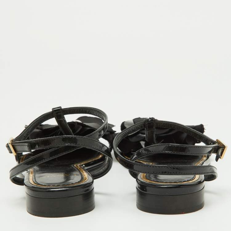 Pre Owned Lanvin Black Patent Leather and Satin Flower Flat Sandals Size 38