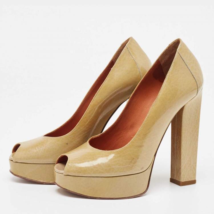 Pre Owned Lanvin Olive Green Textured Leather Peep Toe Platform Pumps Size 35