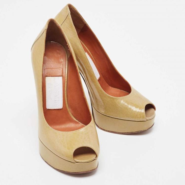 Pre Owned Lanvin Olive Green Textured Leather Peep Toe Platform Pumps Size 35