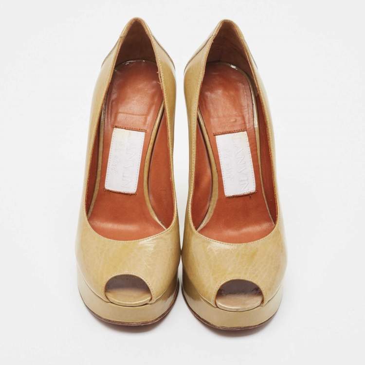 Pre Owned Lanvin Olive Green Textured Leather Peep Toe Platform Pumps Size 35