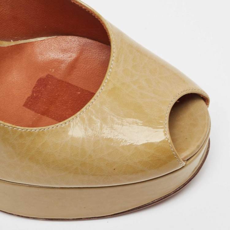 Pre Owned Lanvin Olive Green Textured Leather Peep Toe Platform Pumps Size 35