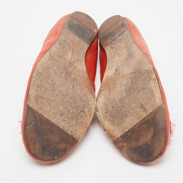 Pre Owned Lanvin Orange Leather Flower Scrunch Ballet Flats Size 37.5