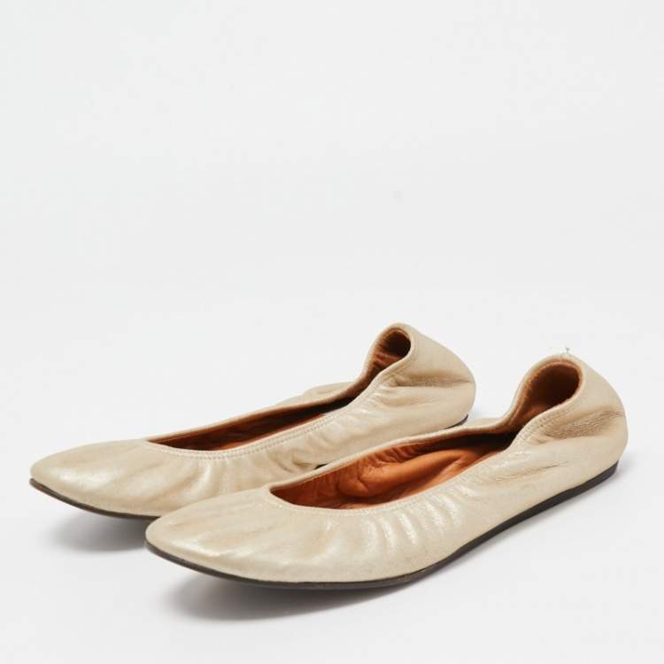 Pre Owned Lanvin Metallic Leather Scrunch Ballet Flats Size 37.5
