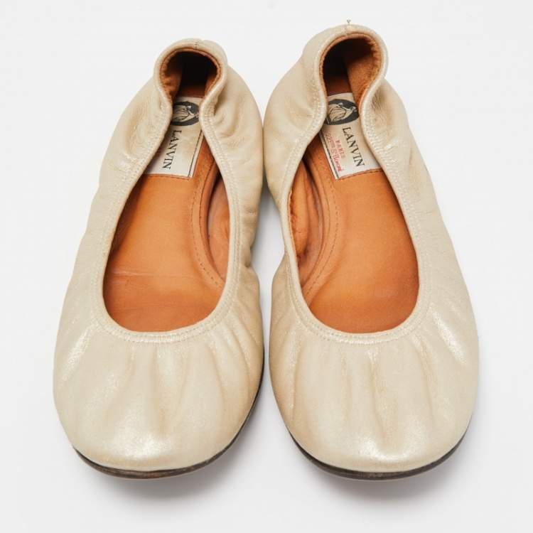 Pre Owned Lanvin Metallic Leather Scrunch Ballet Flats Size 37.5